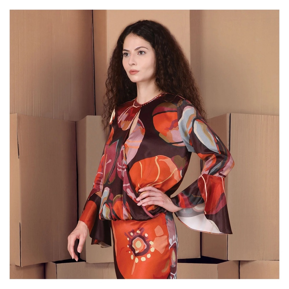 Abstract Floral Print Blouse in Rust and Brown